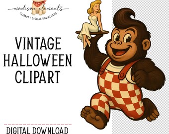 Retro Gorilla Waiter PNG, Cartoon Primate Clipart, 50s Diner Aesthetic, Funny Animal Digital Download, Digital Art, Checkerboard Overalls