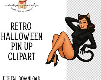 Catwoman PNG, Sexy pinup kitty cat clipart, Retro feline digital, Halloween costume woman, Cute black cat girl, Pin up Digital Download Png