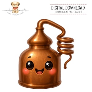 May include: A cartoon illustration of a copper-colored still with a smiling face, rosy cheeks, and large, expressive eyes. The still has a curved spout and a coiled condenser. Text at the top reads "DIGITAL DOWNLOAD".