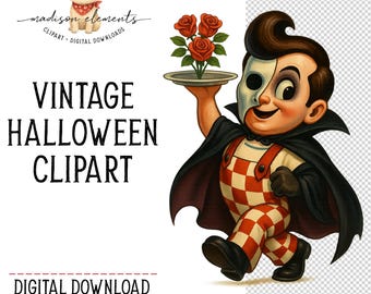 Phantom Diner Boy PNG, Universal Monster Digital, Red Checkered Overalls, Masked Retro Illustration, 50s Diner Aesthetic, Cute Horror PNG