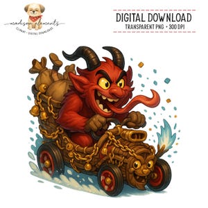 Puede incluir: Ilustración de descarga digital de un diablo rojo con cuernos conduciendo un carro de madera lleno de sacos. El diablo tiene una lengua larga y está sonriendo. El carro tiene ruedas rojas y está decorado con cadenas doradas. Incluye el texto "DIGITAL DOWNLOAD".