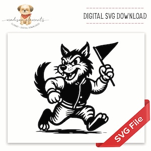 May include: Black and white digital SVG file featuring a cartoon wolf mascot running and holding a flag. The wolf is wearing a jacket and has an aggressive expression. The image includes the text "DIGITAL SVG DOWNLOAD" and "SVG File".