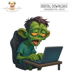 May include: Digital download graphic of a green zombie working on a laptop. The zombie is seated in a black chair, with a table supporting the laptop. The image includes the text "DIGITAL DOWNLOAD" and "TRANSPARENT PNG + 300 DPI".