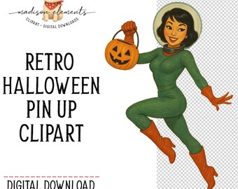 Retro Space Girl PNG, Halloween Astronaut Digital, Spooky Pumpkin Pail Clipart, Retro Costume Sublimation Digital Download