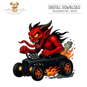 Puede incluir: Gráfico de descarga digital de un diablo rojo conduciendo un hot rod negro. El diablo tiene cuernos, una lengua larga y ojos amarillos. El coche tiene llamas, humo y emblemas en forma de estrella en las ruedas. El texto dice "DESCARGA DIGITAL" y "PNG TRANSPARENTE • 300 DPI".