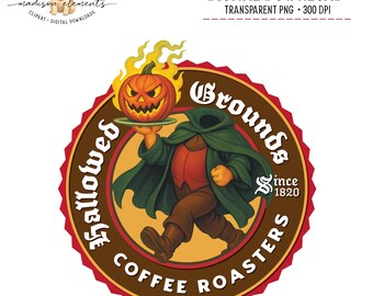 Hallowed Grounds Digital, Coffee Roasters Digital Download Png, Headless Horseman, Halloween Logo, Digital Art, Coffee Shop Halloween Design