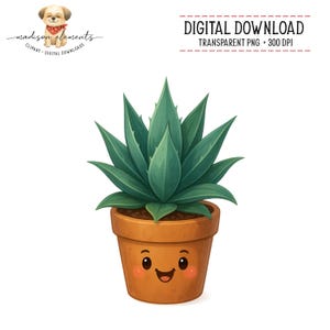 Pode incluir: Ilustração digital de uma planta suculenta em vaso. A planta tem folhas verdes pontiagudas e está em um vaso cor de terracota com um rosto sorridente. As palavras "DOWNLOAD DIGITAL" estão acima da imagem.