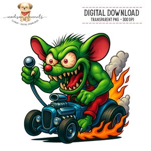 May include: A digital download image of a cartoon rat driving a blue hot rod. The rat is green with red ears and a red nose, and is wearing red overalls. Flames and smoke are coming from the car.