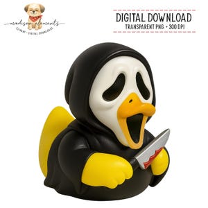 May include: A novelty rubber ducky dressed as the Ghostface killer from the Scream movies. The duck has a black robe and hood, a white mask with black eye holes, and a yellow beak and feet. It holds a bloody knife.