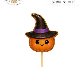 Digital Halloween Pumpkin with Witch Hat Cake Pop, Cute Candy Corn Treat, Fall Spooky Season Art, Kawaii Clipart, Autumn Digital Download