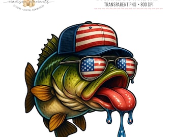 Patriotic Bass Digital PNG Download, American Flag Fish Art, USA Fishing Image, Funny Bass png, Fishing Digital Design, Gift for Fisherman