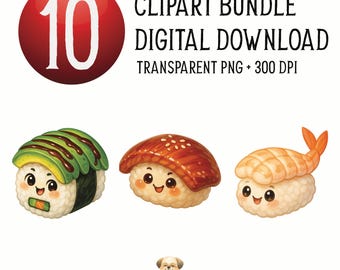 Cute Sushi Clipart Digital PNG Bundle, Food Illustration for Planner, Kawaii Asian Food, Sushi lover gift, Foodie png set, California Roll