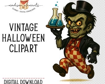 Mad Scientist Waiter PNG, Horror Character Digital, Spooky Halloween Decor, Cartoon Monster Graphic, Halloween Party Clipart