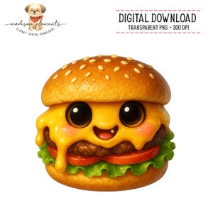 May include: A digital illustration of a smiling hamburger with large eyes and melted cheese. The burger includes a sesame seed bun, a beef patty, lettuce, and tomato. The image is labelled "Digital Download Transparent PNG 300 DPI".