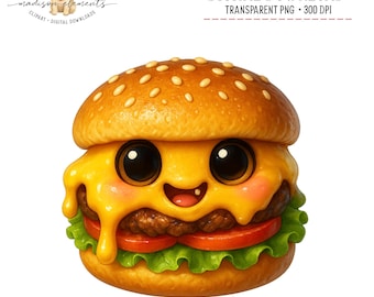 Download digitale di hamburger kawaii in formato PNG, stampa artistica di cheeseburger carino, clipart di cibo divertente, grafica Happy Meal, regalo per gli amanti del fast food, file digitale