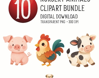 Farm Nursery Animals Clipart Bundle, Pig Rooster Cow Digital Download PNG, Baby Farm Animals Clipart, Farm Nursery Art, Kids Room Decor