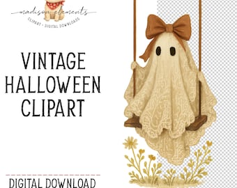 Cute Ghost on Swing PNG, Boho Halloween clipart. Floral ghost png, Autumn Fall Digital Download, Spooky Season, Swing Digital Png