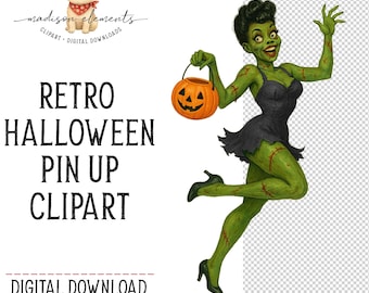 Zombie Pinup Girl PNG, Halloween Zombie Digital Download, Green Zombie Woman with Pumpkin, Scary Pin Up Sublimation Digital