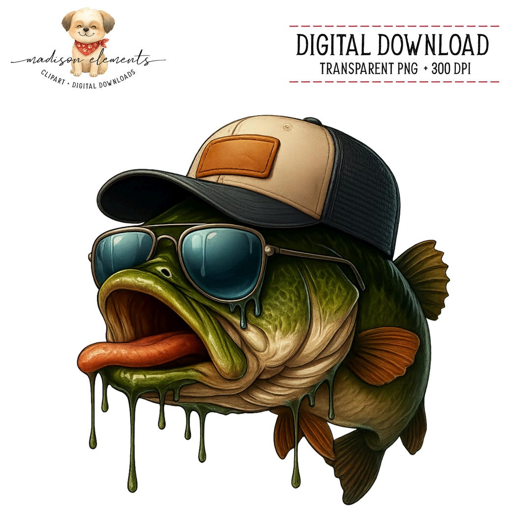 Bass Fish Digital,digital PNG Download, Funny Fish Wearing Cap