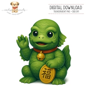 May include: A green cartoon creature with large black eyes, a red collar, and a gold bell. It holds a gold coin with Asian characters. The image includes the text "DIGITAL DOWNLOAD" and "TRANSPARENT PNG • 300 DPI".