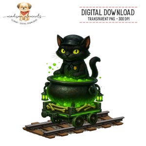May include: Digital download illustration of a black cat in a conductor's hat and uniform, sitting in a cauldron of green liquid on a mine cart. The cart is on train tracks. The image includes the text "DIGITAL DOWNLOAD".
