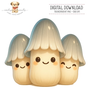 May include: Three cartoon mushrooms with smiling faces and blush. The mushroom caps are light blue, and the stems are a creamy beige colour. The image is a digital download, transparent PNG, 300 DPI.