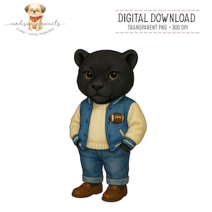 Pode incluir: Ilustração digital para download de um filhote de pantera negra usando uma jaqueta universitária azul e creme com um patch de futebol, um suéter creme, jeans azuis e mocassins marrons. A imagem inclui o texto "DOWNLOAD DIGITAL" e "PNG TRANSPARENTE + 300 DPI".