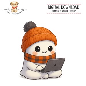 May include: A digital illustration of a cartoon character wearing an orange knitted hat and a plaid scarf, using a laptop. The character is white with rosy cheeks and a small smile. The image includes the text "DIGITAL DOWNLOAD" and "TRANSPARENT PNG • 300 DPI".