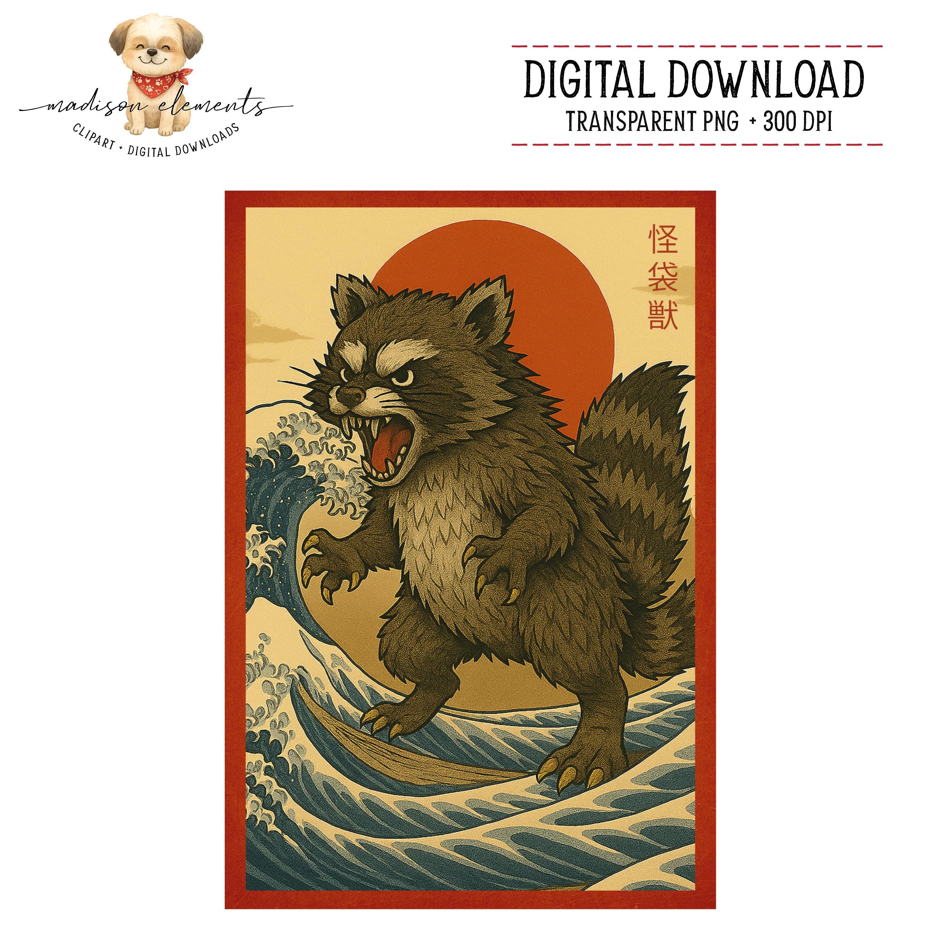Kaiju Raccoon Digital, Monster Tanuki PNG, Japanese Wave Art