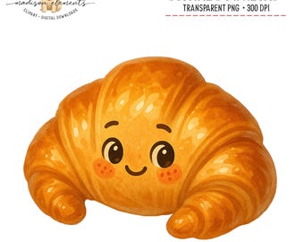 Cute Croissant Digital PNG, Kawaii Food Clipart, Smiling Pastry Art, Baker Illustration, Funny Bakery Design, Breakfast Lover Download