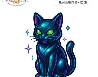 May include: A digital download graphic of a black cat with bright green eyes and purple accents. The cat is surrounded by sparkling stars. The words "DIGITAL DOWNLOAD" and "TRANSPARENT PNG • 300 DPI" are at the top.