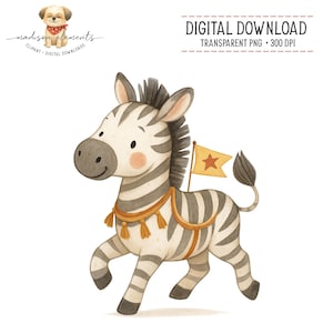 Puede incluir: Ilustración en acuarela de una cebra de dibujos animados con rayas blancas y negras, una bandera amarilla con una estrella roja y un arnés decorativo. La imagen incluye el texto "DESCARGA DIGITAL" y "PNG TRANSPARENTE + 300 DPI".