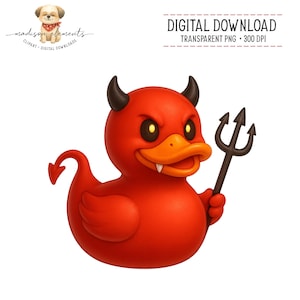 May include: A red rubber duck with devil horns, a tail, and a pitchfork. The duck has an orange beak and fangs, with the text "DIGITAL DOWNLOAD" above it.