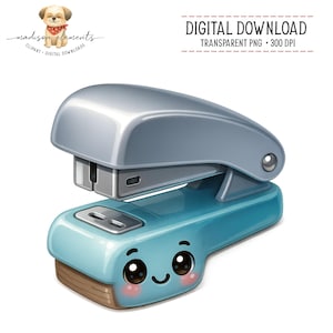 May include: A light blue and silver stapler with a cute face design. The stapler has a silver top and a light blue base with a smiling face. The image also includes the text "DIGITAL DOWNLOAD" and "TRANSPARENT PNG + 300 DPI".