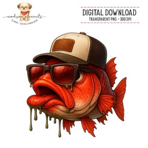 May include: A digital illustration of a red fish wearing a trucker hat and sunglasses. The fish has its mouth open with green slime dripping from its mouth. The hat is tan and brown, and the sunglasses are black with red lenses.