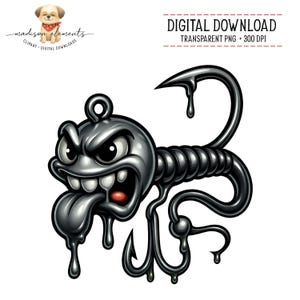 May include: A digital download graphic of an angry fishing lure with a cartoon face, sharp hooks, and dripping details. The design is in shades of grey and black, with a red accent on the tongue.