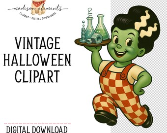 Franken Boy Digital, Cute Monster kid Digital Download, Sci Fi Monster Mascot, Classic Carhop Server Png, Frankenstein Waiter Clip Art