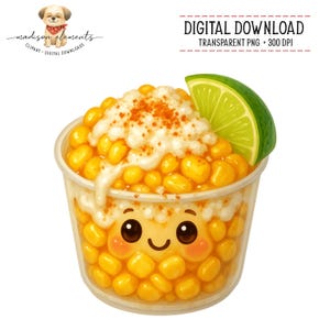 Op de afbeelding: Digitale download van een cartoon elote, een Mexicaans straatvoedsel, in een doorzichtige beker. De elote heeft gele maïskorrels, witte saus, chilipoeder en een limoenpartje. De beker heeft een lachend gezicht.