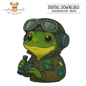 May include: A whimsical illustration of a green frog wearing a brown aviator jacket, goggles, and headset, holding binoculars. The frog has large, expressive eyes and a friendly smile. The image is a digital download.