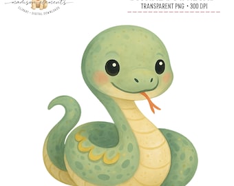 Cute Snake Digital PNG Download, Watercolor Reptile Clipart, Nursery Animal Art, Baby Shower Decor, Cartoon Serpent Illustration