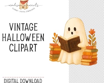Lindo fantasma leyendo PNG, libros y flores, clipart de fantasma de Halloween, vibraciones de otoño, fantasma leyendo un libro, descarga digital PNG
