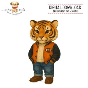 Puede incluir: Ilustración en acuarela de un tigre con una chaqueta universitaria con un emblema de fútbol americano, un suéter, vaqueros y zapatos marrones. La imagen está etiquetada como "Descarga digital" y "PNG transparente + 300 DPI".