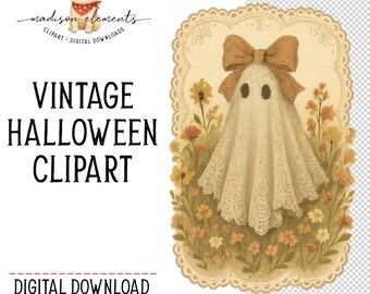 Cute Bow Ghost PNG, Floral Ghost Digital Download, Lace Ghost Sublimation PNG, Autumn Ghost Clipart, Vintage Watercolor Halloween Png