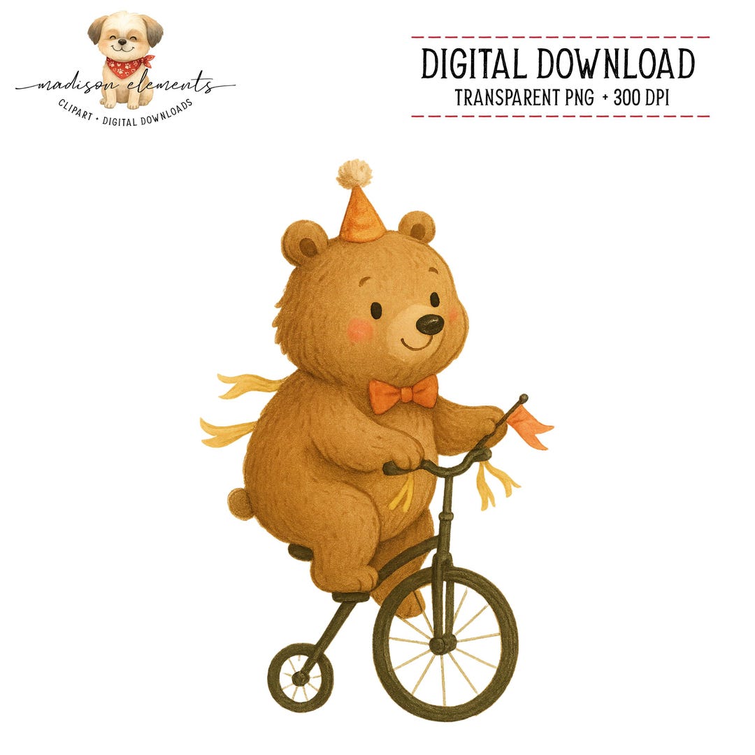 Cute Circus Bear on Tricycle Digital PNG Download, Birthday Party