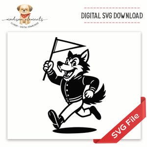 May include: Black and white illustration of a wolf mascot running and holding a flag. The wolf is wearing a jacket and pants. The image includes the text "DIGITAL SVG DOWNLOAD" and "SVG File".
