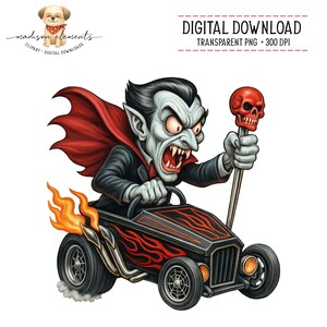 Puede incluir: Ilustración de descarga digital de un vampiro de dibujos animados conduciendo un hot rod negro con llamas rojas. El vampiro tiene una capa roja y sostiene una calavera roja en un palo. La imagen incluye el texto "DESCARGA DIGITAL".