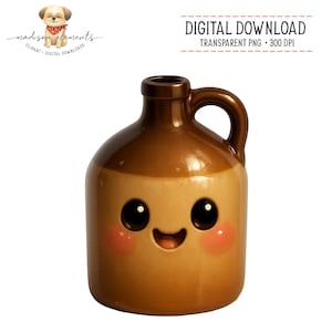 May include: A brown ceramic jug with a cartoon face, featuring large black eyes, rosy cheeks, and a smiling mouth. The jug has a handle and a two-tone design, with a lighter brown band around the middle. Text on the image reads "DIGITAL DOWNLOAD".