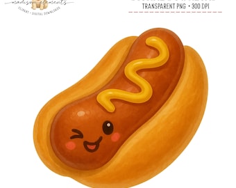Cute Hotdog Digital PNG, Kawaii Food Clipart, Smiling Hot Dog Graphic, Funny Food Illustration, Instant Download, Hot Dog Lover Gift