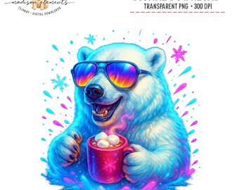 Cool White Bear Digital PNG Download, Funny Polar Bear Art, Colorful Digital Art, Animal Clip Art, Digital Printable Sublimation Design