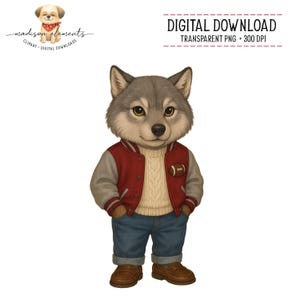 May include: A digital download illustration of a cartoon wolf wearing a red and gray letterman jacket, a cream-colored sweater, blue jeans, and brown loafers. The wolf has gray fur and is smiling. The image includes the text "DIGITAL DOWNLOAD" and "TRANSPARENT PNG + 300 DPI".